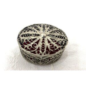 Vintage Filigree Trinket Box Red Velvet Lining Ornate Oval Design Jewelry Holder